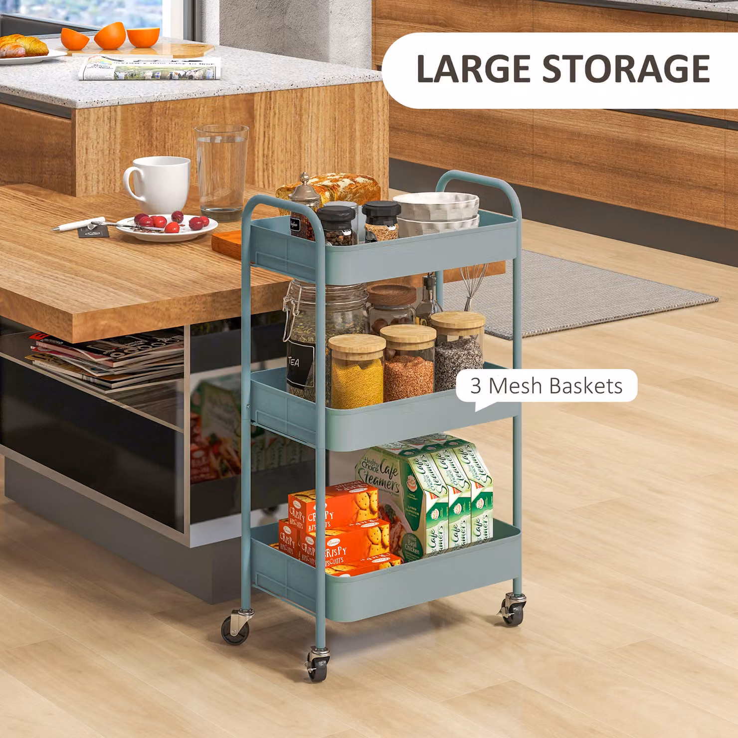 HOMCOM Three-Tier Metal Storage Trolley in Blue – 3