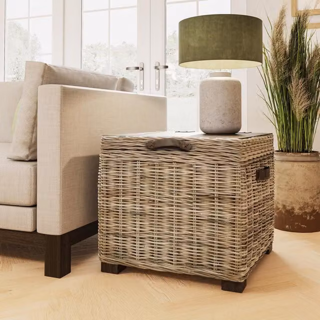 FWStyle Kubu Rattan Lift Up Pine Storage Side Table in Greywash and Brown – 1