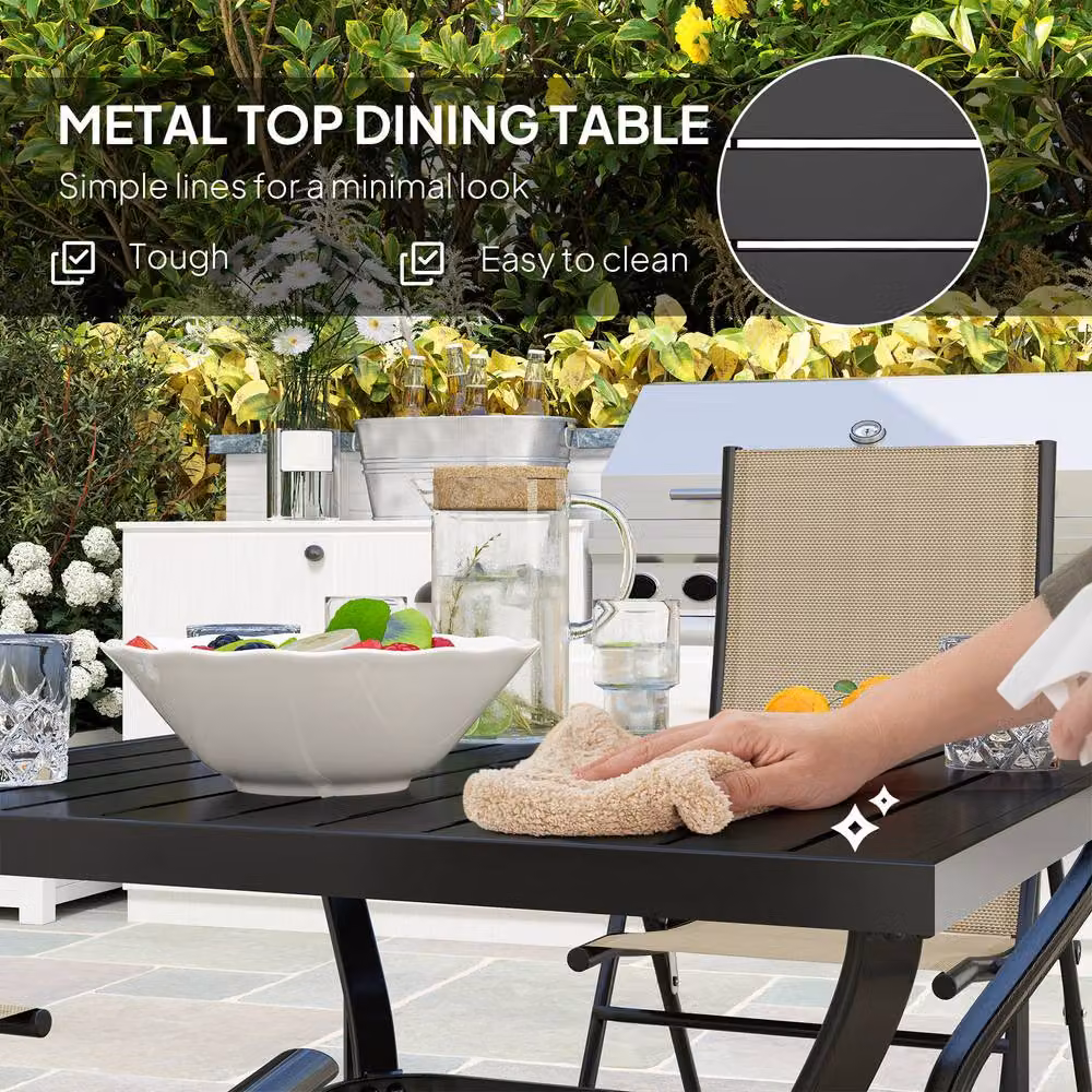 STILVORA Modern Square Garden Dining Set with Folding Chairs in Beige Matt Powder Coated Steel – 4