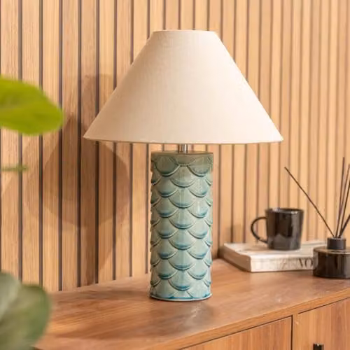 ValueLights Athena Blue Ceramic Shell Table Lamp with Fabric Shade, H 43.0 cm x W 32.5 cm x D 32.5 cm – 2