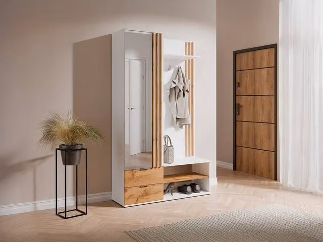 Vente-unique JANAKIA Modern Wardrobe with Mirror, Integrated Drawers and Open Shelving in White and Light Oak – 1
