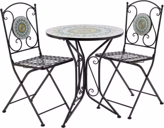 SPETLEK Round Metal Bistro Set for Garden and Terrace in Black and Multicolour Floral Design