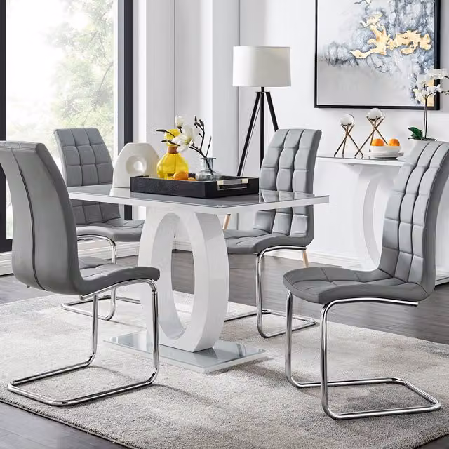 FurnitureboxUK Giovani Modern Grey and White High Gloss Glass Rectangular Dining Table and 4 Murano Faux Leather Chairs Set W/D/H: 120 x 70 x 70 cm – 1