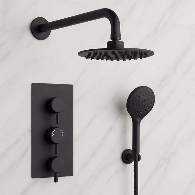 Bathroom Kingdom Avon Matt Black Round Thermostatic Shower Set with 200mm Overhead Shower and Hand Shower