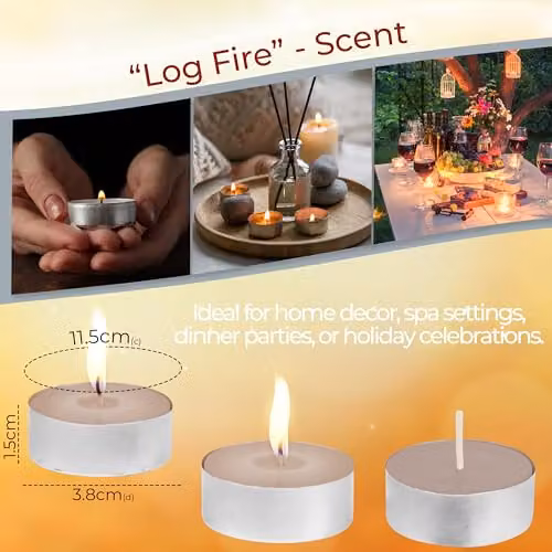 Deco Express Log Fire Scented Tealight Candles, Beige, 25 Pack – 3