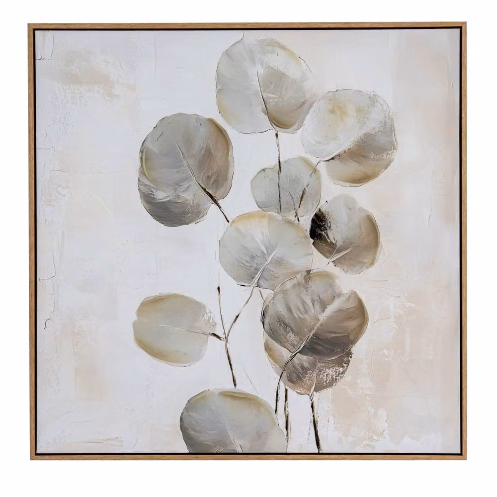 Wyld Haus Halki Square Hand Painted Eucalyptus Leaves Canvas in Wood Frame, Grey and White, W: 350 cm, H: 280 cm – 2
