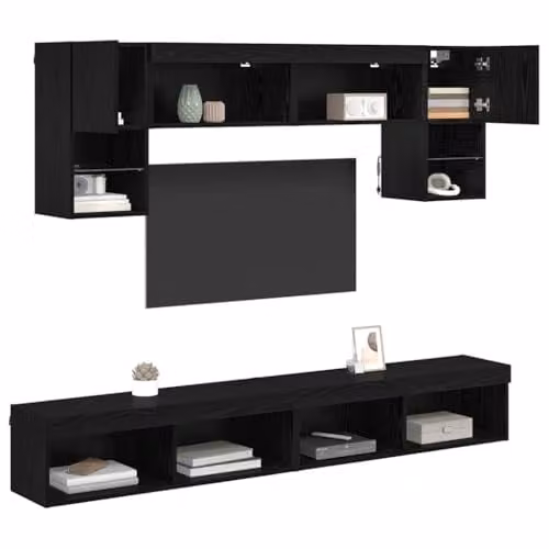 vidaXL Modern 6-Piece Black Oak TV Wall Unit with Integrated LED Lighting and Hinged Doors – 1