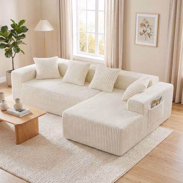 Dprodo 4 Seater Modular Right L-Shaped Sectional Sofa in Beige Cord Velvet