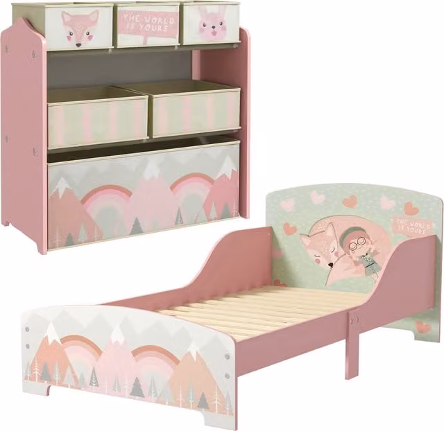 ZONEKIZ Toddler Bed Frame with Storage Shelf and 6 Fabric Bins, Pink – 1