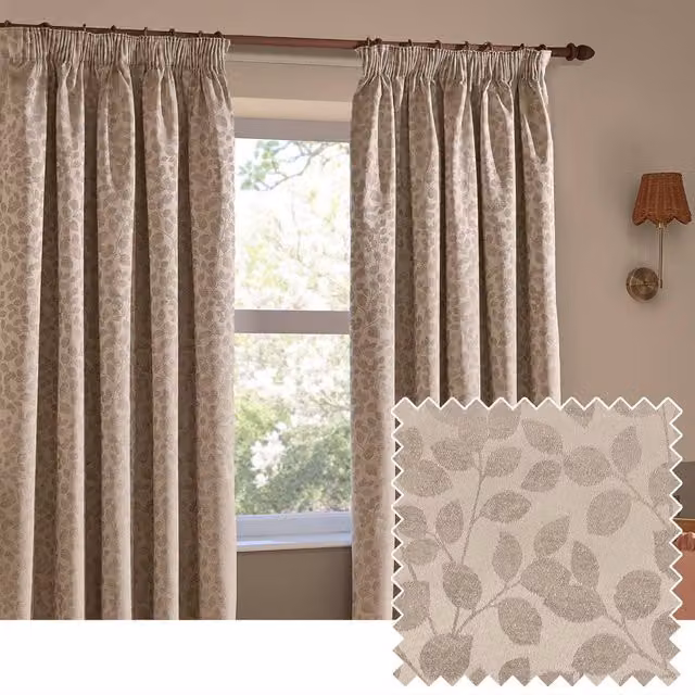 Wylder Grace Leaf Jacquard Fully Lined Pencil Pleat Curtain Pair in Beige, Width: 168 cm, Drop: 137 cm