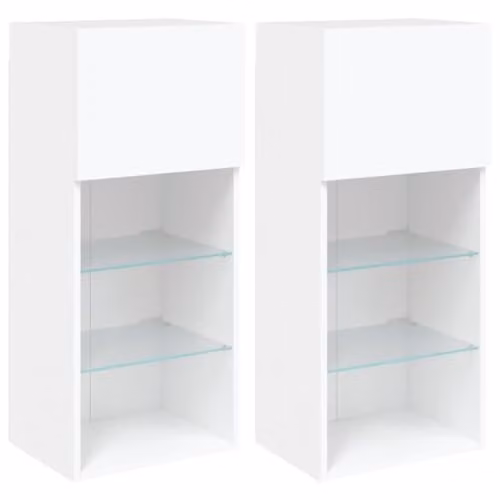 vidaXL Set of 2 Modern Wall Mounted TV Cabinets in White with Glass and Wood Details, W/D/H: 90.0 x 40.5 x 30.0 cm