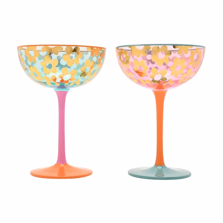 Studio Blom Set of 2 Multicolour Floral Gold Cocktail Coupe Glasses