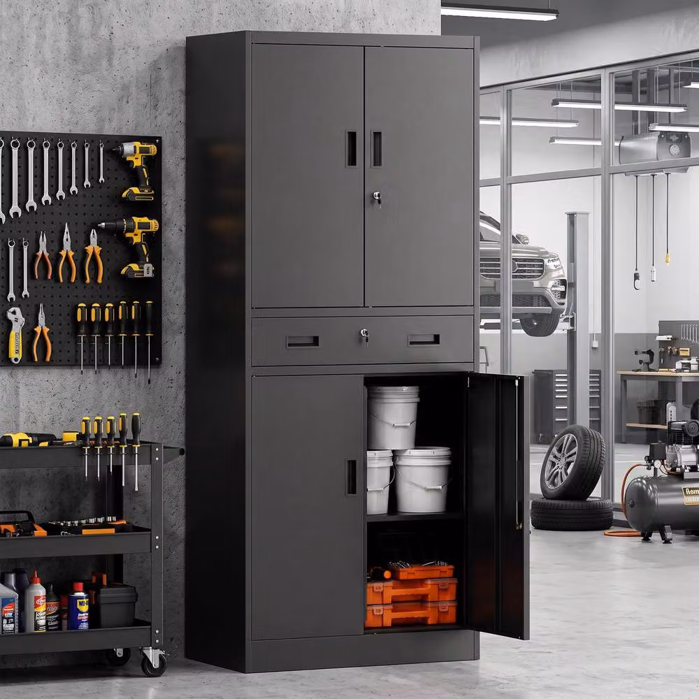 HOMCOM Lockable Metal Tool Storage Cabinet with Drawer, Black, H 180 x W 75 x D 40 cm – 2