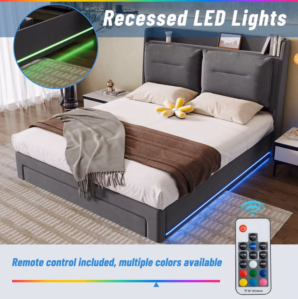 STILVORA Grey Velvet Upholstered King Size Bed with Under-Bed LED Lighting and Storage, W/D/H: 180 x 200 cm – 7