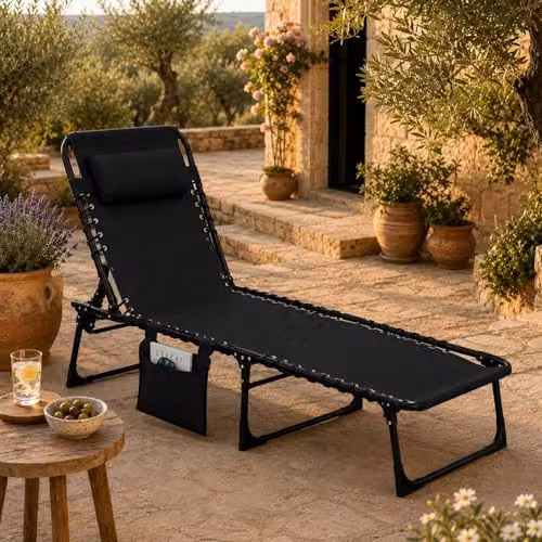 SHATCHI Black Folding Sun Lounger with 5-Position Adjustable Headrest and Textilene Fabric, W/D/H: 185 x 120 x 58 cm – 2