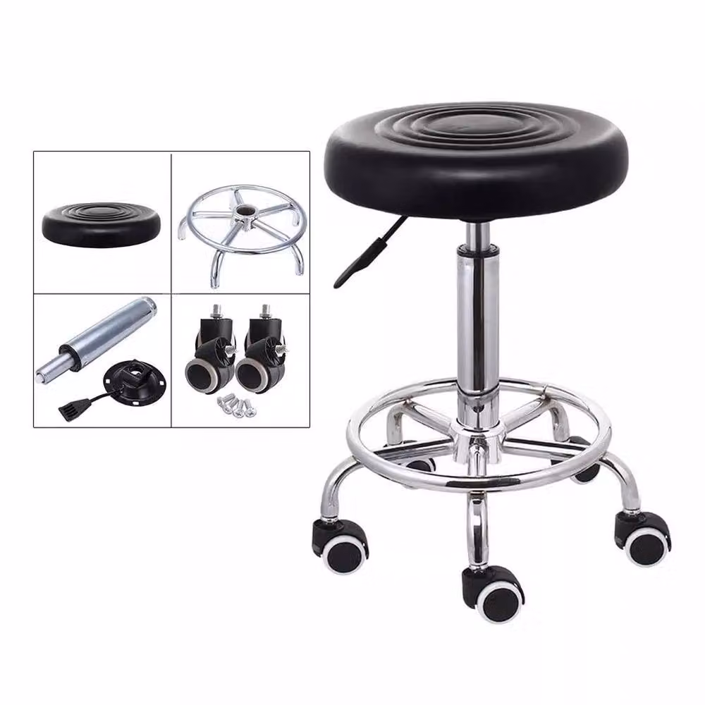 SPETLEK Swivel Adjustable Salon and Massage Stool in Black with Metal Frame and Synthetic Leather Seat – 3