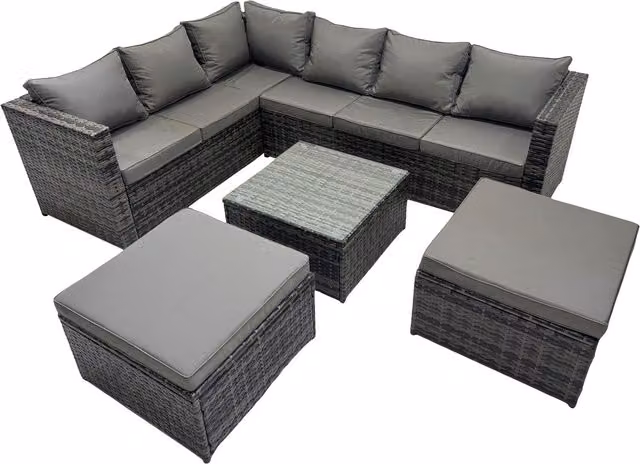 Fimous 8-Seater Dark Grey L-Shape Rattan Corner Sofa Set with Ottoman and Coffee Table