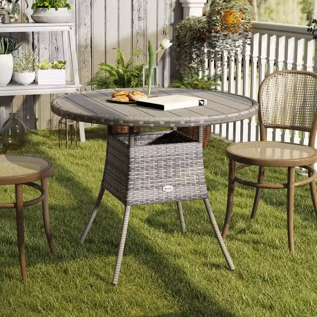 Outsunny Modern Round Rattan Dining Table with Slatted Wood-plastic Composite Top in Grey, Diameter: 90 cm