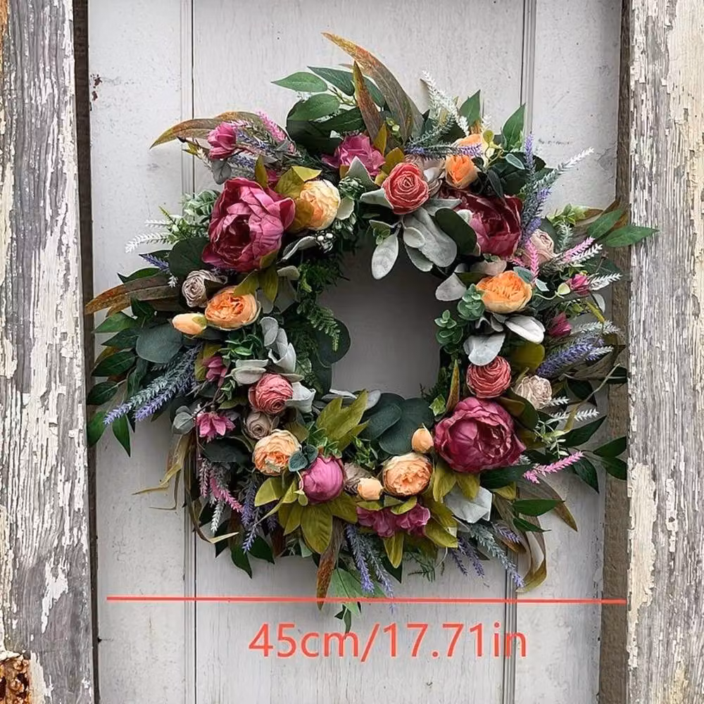 FLAVORA Pink and Multicolour Artificial Peony Flower Front Door Wreath, Diameter: 45 cm – 2
