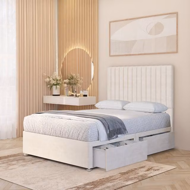 Somnior Beds Ltd Verona Velvet 4000 Pacific Orthopaedic Pocket Spring Divan Bed Set with Headboard and Drawers, Ivory