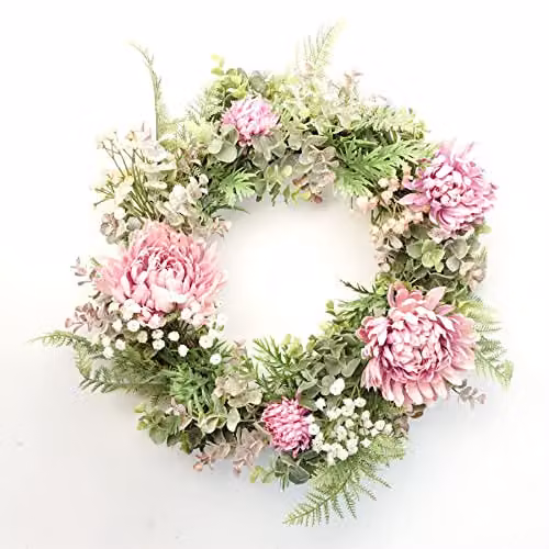 Leaf Pink Floral Blossom Artificial Wreath in Green, Diameter: 45 cm – 1