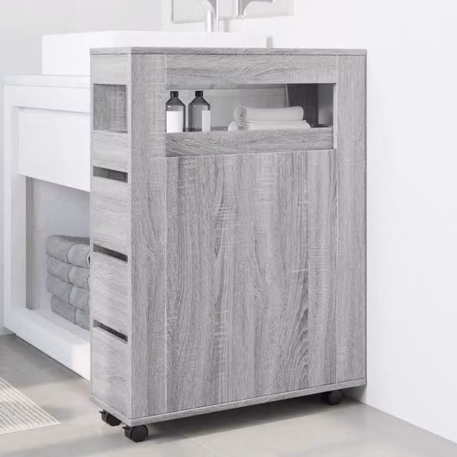 Berkfield Home Narrow Bathroom Cabinet with Wheels in Grey Sonoma Engineered Wood, H: 90 cm, W: 23 cm, D: 65 cm – 1