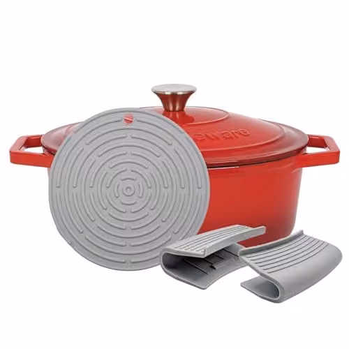 Argon Tableware Oval Enamelled Cast Iron Casserole Dish with Self-Basting Lid, Red, 4.68 l – 1