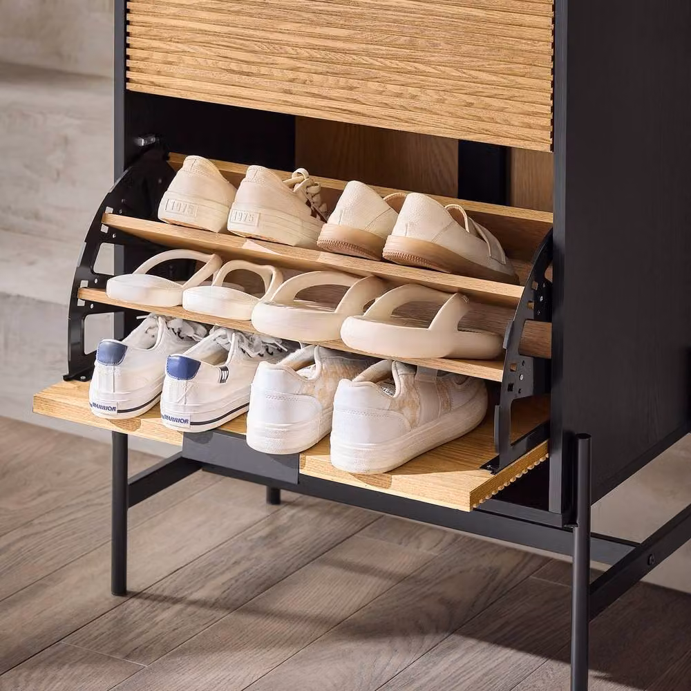 SoBuy Modern Slim Shoe Cabinet in Oak and Black Metal with Soft-Close Doors and Ventilation – 4