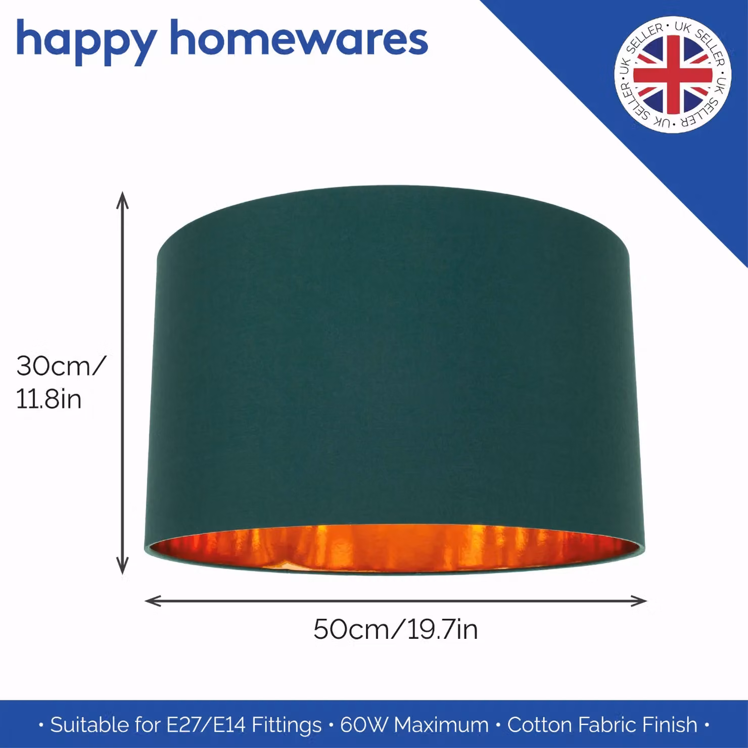 Happy Homewares Contemporary Round Cotton Lamp Shade with Shiny Paper Inner in Dark Green, Diameter: 35.56 cm – 5