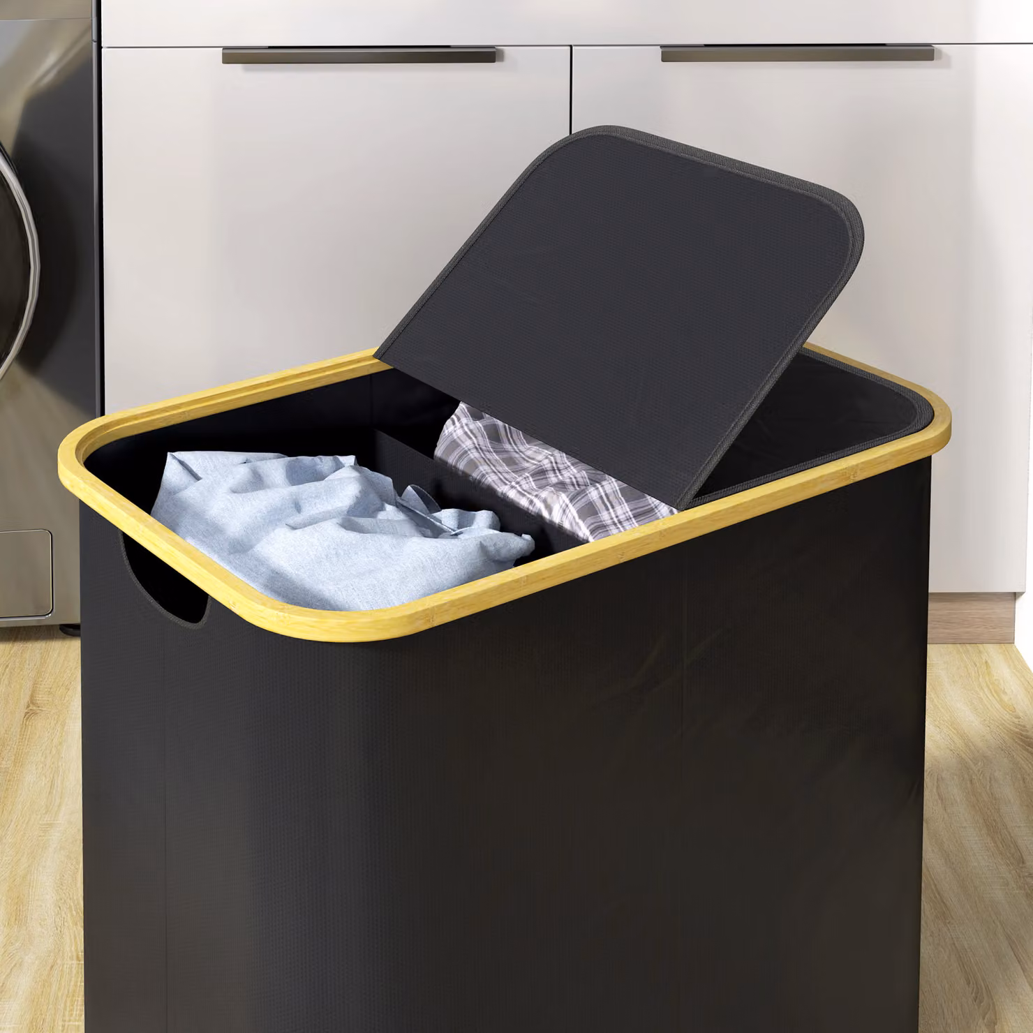 HOMCOM Double Collapsible Laundry Basket with Lid and Groove Handles, 80L, Black – 8