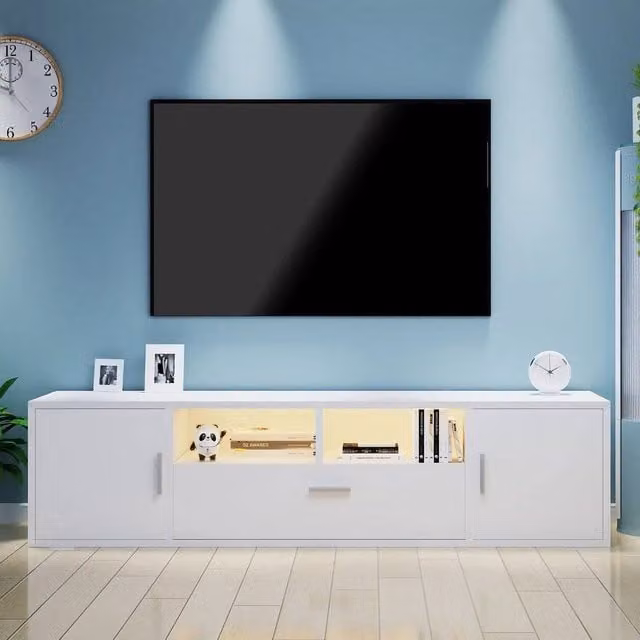 KORVIXA Modern White High Gloss TV Stand Sideboard Cabinet with Integrated LED Lighting W/D/H: 160 x 40 x 35 cm