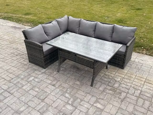 Fimous Dark Grey Rattan Garden Furniture Corner Sofa Set with Rectangular Dining Table