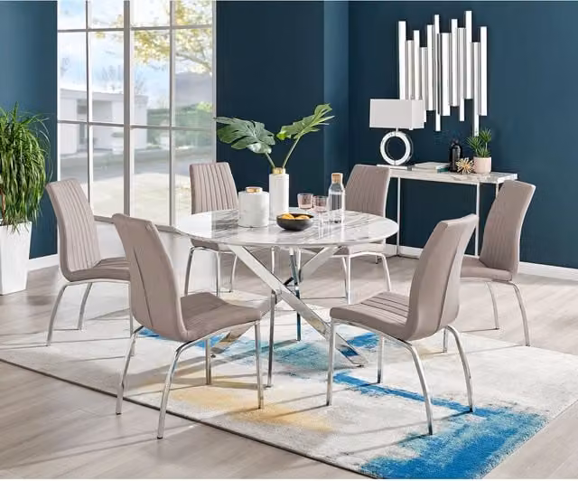 FurnitureboxUK Novara White Marble Effect Round Dining Table and 6 Isco Chairs in Cappuccino