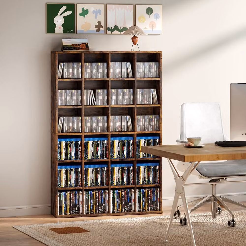 STILVORA CD Storage Unit with Adjustable Shelves and Media Compartments in Brown – 9