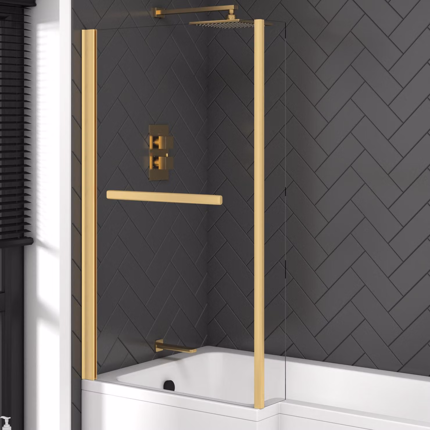 Royal Bathrooms Modern Quattro Asymmetric Fixed Bath Screen and Rail with Fixed End Panel in Brushed Brass and Clear Glass, W: 140 cm