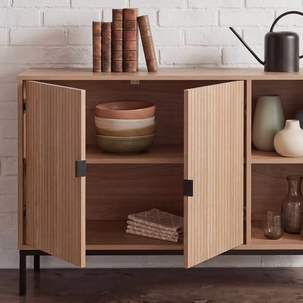 CALICOSY 2-Door Sideboard with 2 Open Niches, Grooved Wood Effect in Light Brown, W: 110 cm, D: 40 cm, H: 72 cm – 4