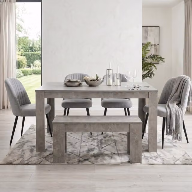 Kosy Koala 6 Seater Dining Set with Rectangular Stone Grey Effect Table, 4 Grey Fabric Chairs and Bench