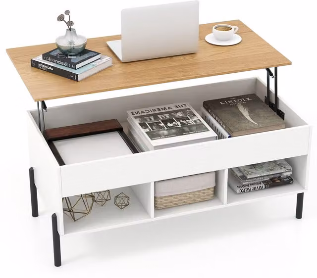 COSTWAY Modern White and Brown Lifting Cocktail Center Table with Wood Finish