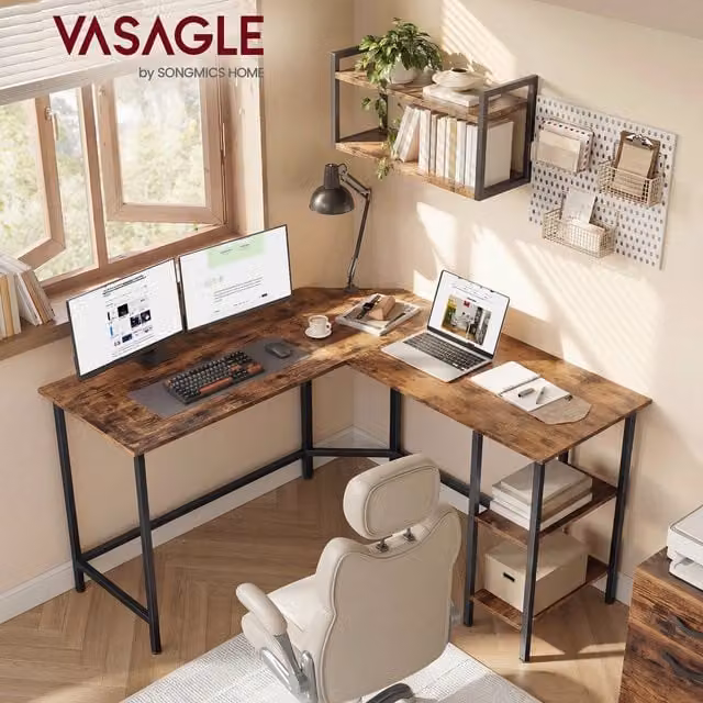 VASAGLE L-Shaped Industrial Corner Computer Desk in Bronze and Brown