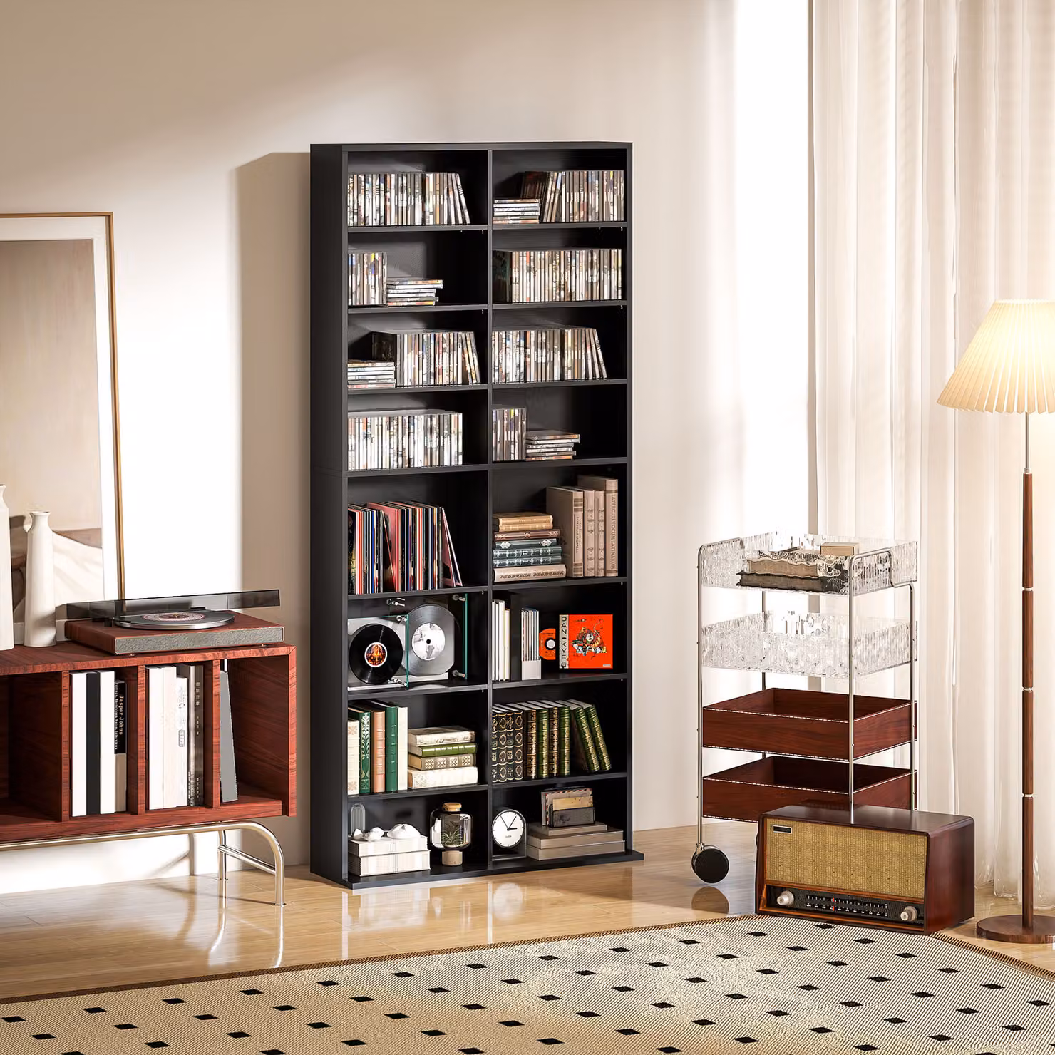HOMCOM 640 CD Storage Tower in Black with Adjustable Shelves and Media Compartments – 2