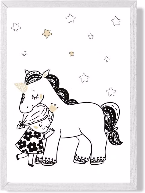 ARTZE Scandi Princess Little Hugging Unicorn Framed Print, A3, White Frame with Black Details