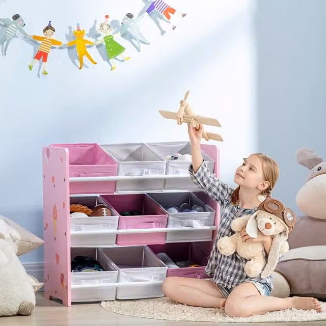 ZONEKIZ Kids Storage Unit with 9 Removable Baskets in Pink