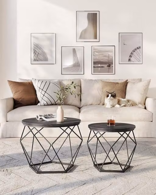 VASAGLE Set of 2 Industrial Round Nesting Side Tables with Black Metal X-Frame and Composite Tops – 1