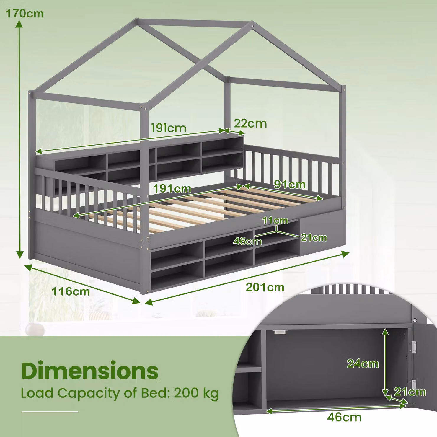 Gymax Single Size House Bed Frame with Roof and Storage Cubes in Dark Grey, 90 x 190 cm – 3