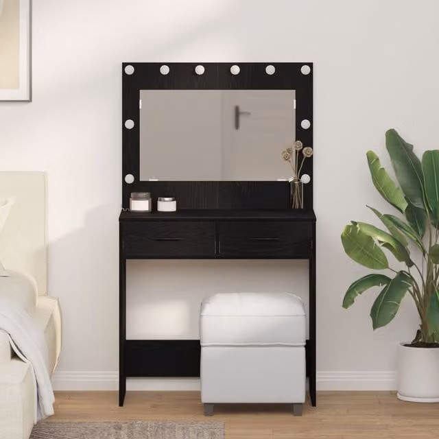 Berkfield Home Hollywood LED Makeup Table in Black Oak, W: 31 in, D: 16 in, H: 53 in