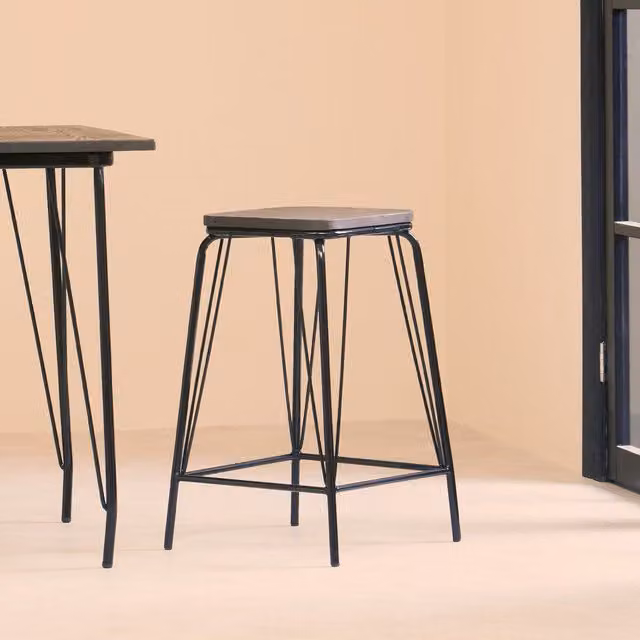 Orsina Industrial Metal and Wood Stool, Black and Brown, W/D/H: 42 x 42 x 62 cm – 2