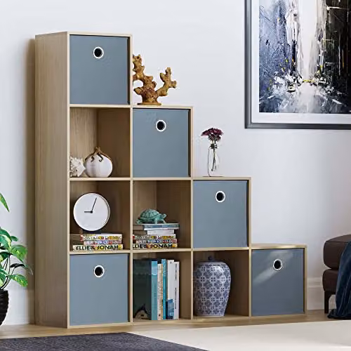 Vida Designs Durham 10 Cube Staircase Storage Unit with 5 Grey Baskets in Oak – 1