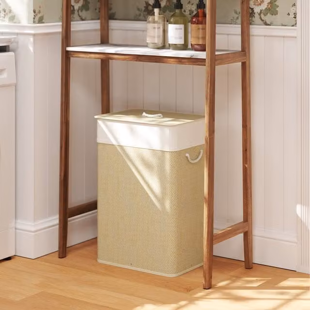 HOMCOM Laundry Hamper with Removable Washable Fabric Liner and Lid in Brown and Beige Wood Finish