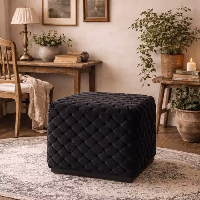 Wyld Haus Parker Black Velvet Geometric Tufted Square Pouffe W/D/H: 42 x 42 x 42 cm – 1