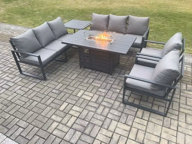 Fimous 8 Seater Aluminium Garden Furniture Set with Gas Fire Pit Dining Table, Side Table and Cushions in Dark Grey